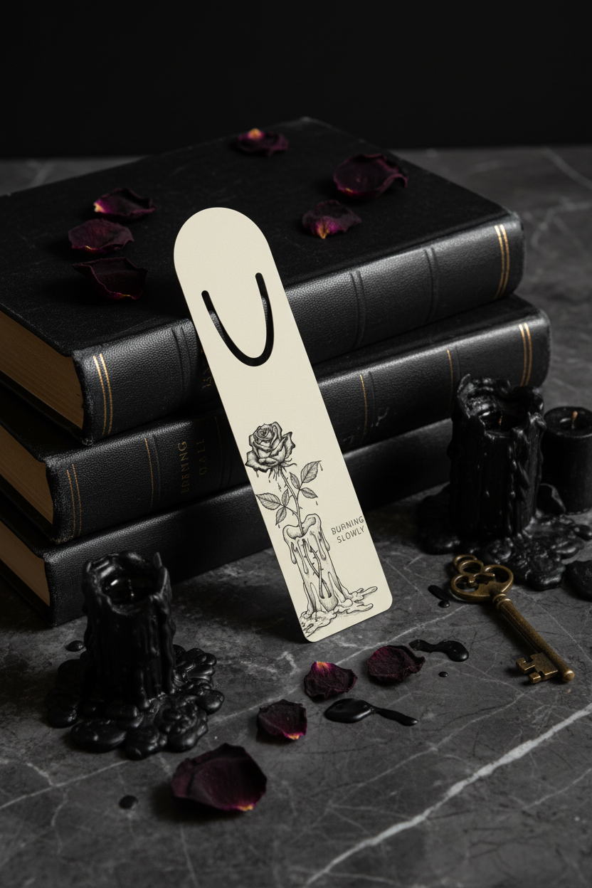 Burning Slowly Rose Candle Bookmark | Dark Coquette Gothic Reading Accessory – Petal & Power