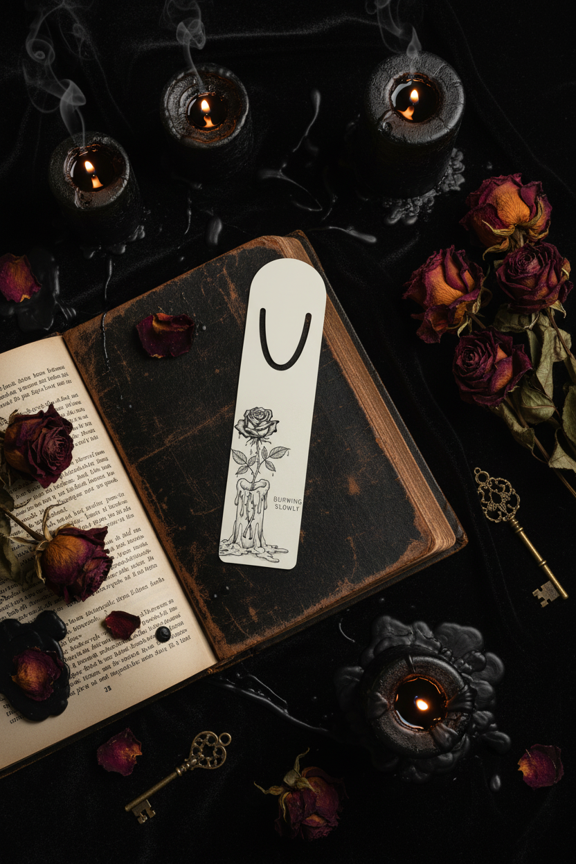 Burning Slowly Rose Candle Bookmark | Dark Coquette Gothic Reading Accessory – Petal & Power