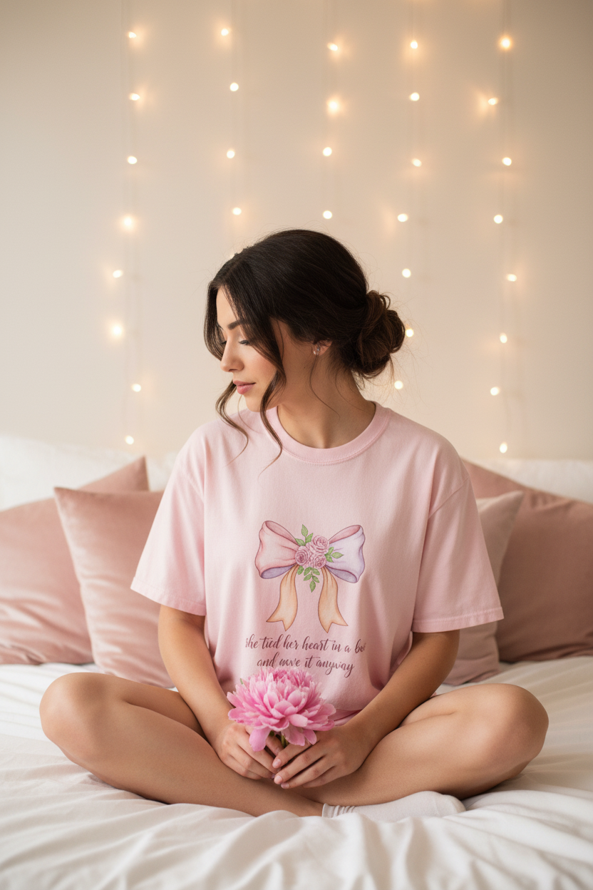 She Tied Her Heart in a Bow Tee | Coquette Rose Bow Watercolor Romantic Graphic T-Shirt – Petal & Power