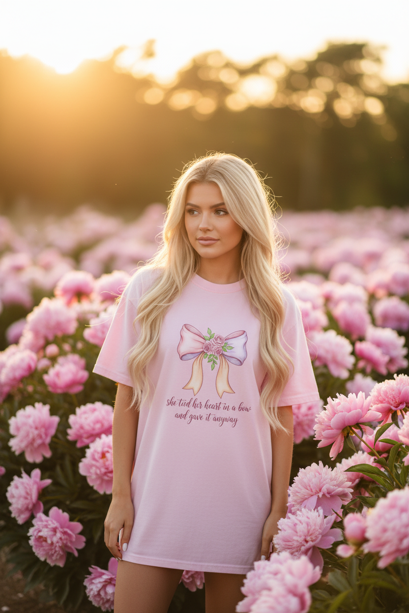 She Tied Her Heart in a Bow Tee | Coquette Rose Bow Watercolor Romantic Graphic T-Shirt – Petal & Power
