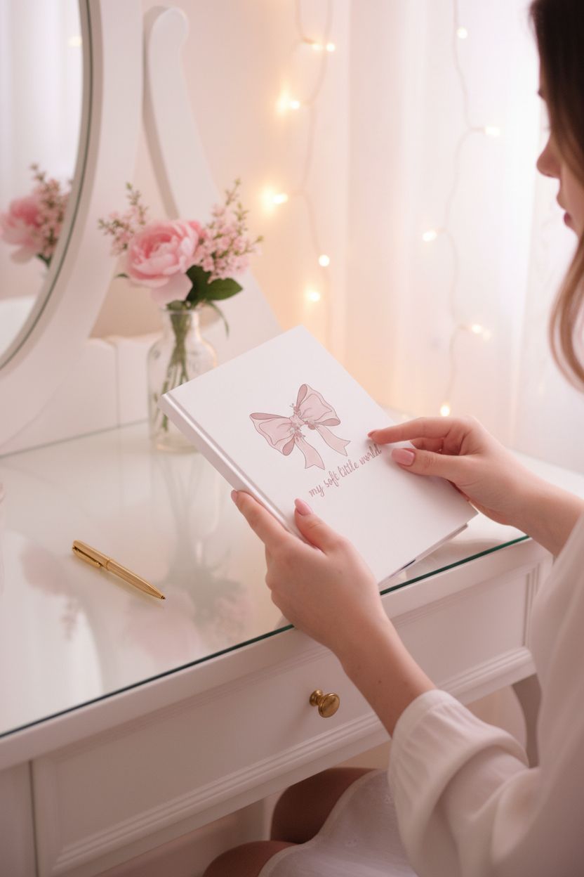 My Soft Little World Blush Bow Journal | Coquette Rose Hardcover Lined Notebook – Petal & Power