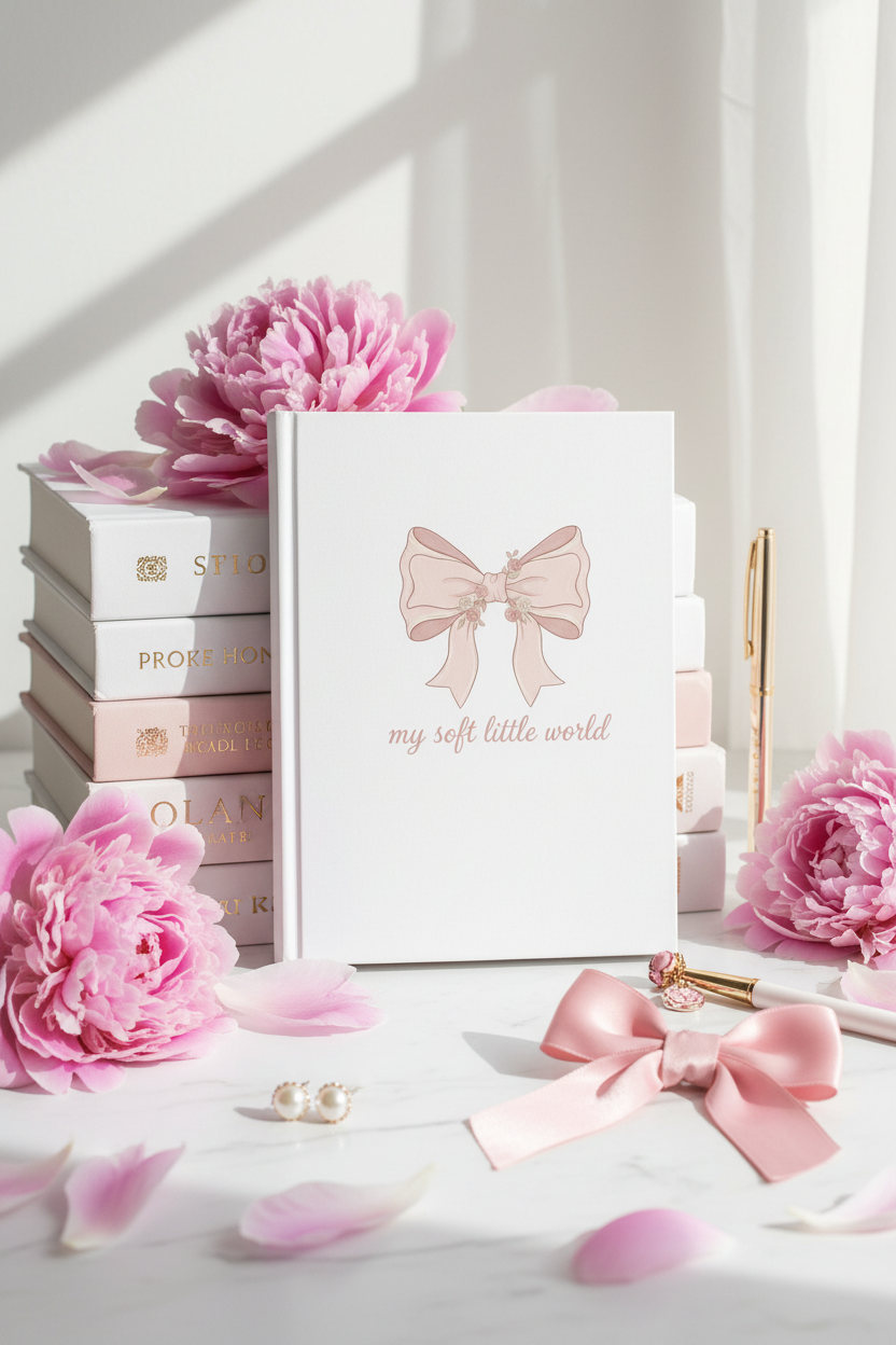My Soft Little World Blush Bow Journal | Coquette Rose Hardcover Lined Notebook – Petal & Power
