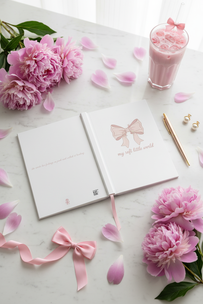 My Soft Little World Blush Bow Journal | Coquette Rose Hardcover Lined Notebook – Petal & Power