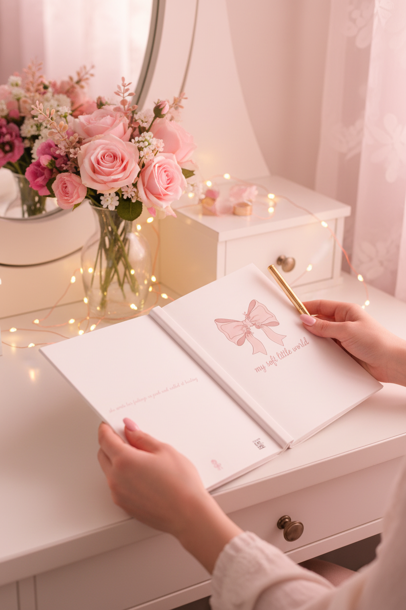 My Soft Little World Blush Bow Journal | Coquette Rose Hardcover Lined Notebook – Petal & Power