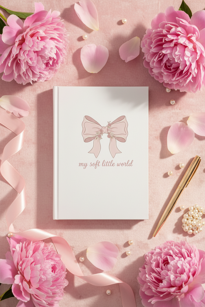 My Soft Little World Blush Bow Journal | Coquette Rose Hardcover Lined Notebook – Petal & Power