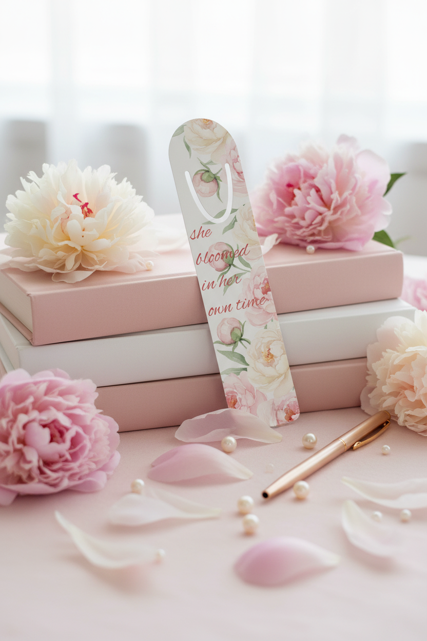 She Bloomed in Her Own Time Peony Bookmark | Coquette Feminine Floral Reading Accessory – Petal & Power