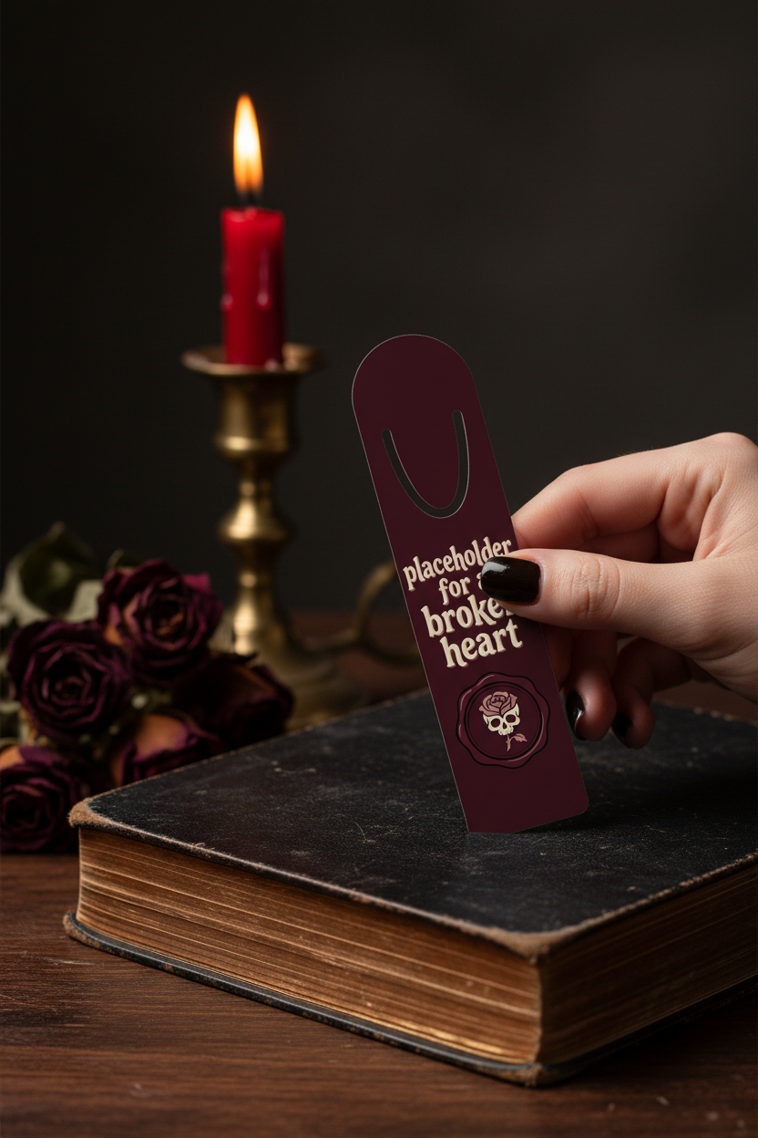 Placeholder for a Broken Heart Skull Rose Bookmark | Dark Coquette Gothic Reading Accessory – Petal & Power