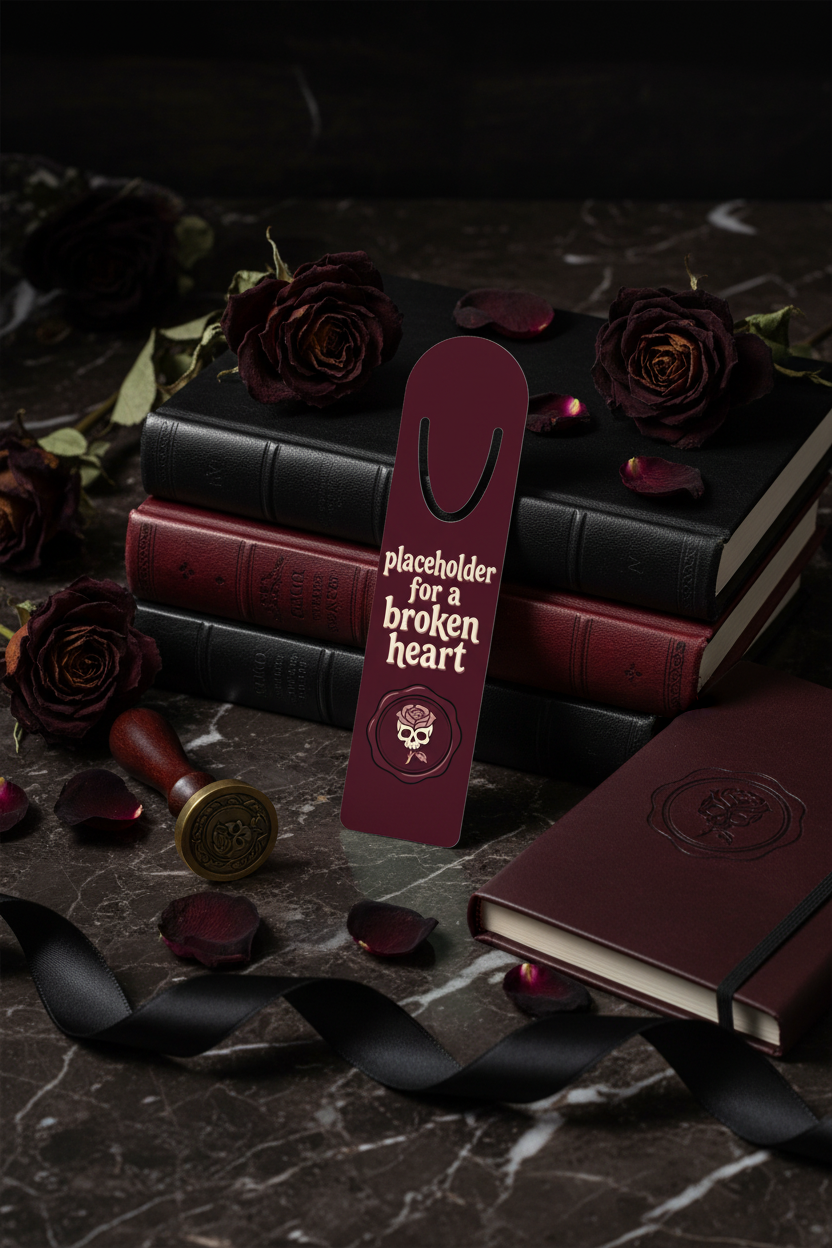 Placeholder for a Broken Heart Skull Rose Bookmark | Dark Coquette Gothic Reading Accessory – Petal & Power