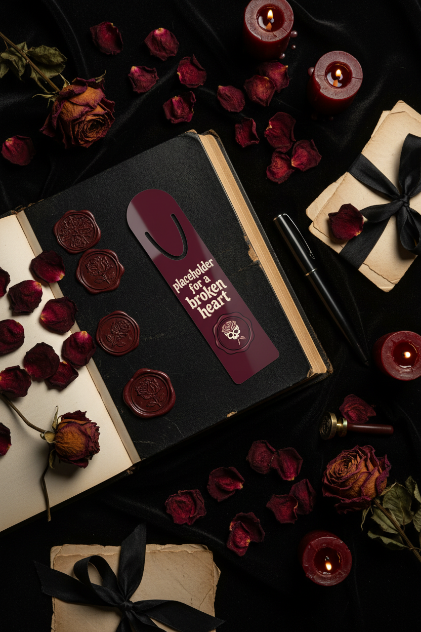 Placeholder for a Broken Heart Skull Rose Bookmark | Dark Coquette Gothic Reading Accessory – Petal & Power