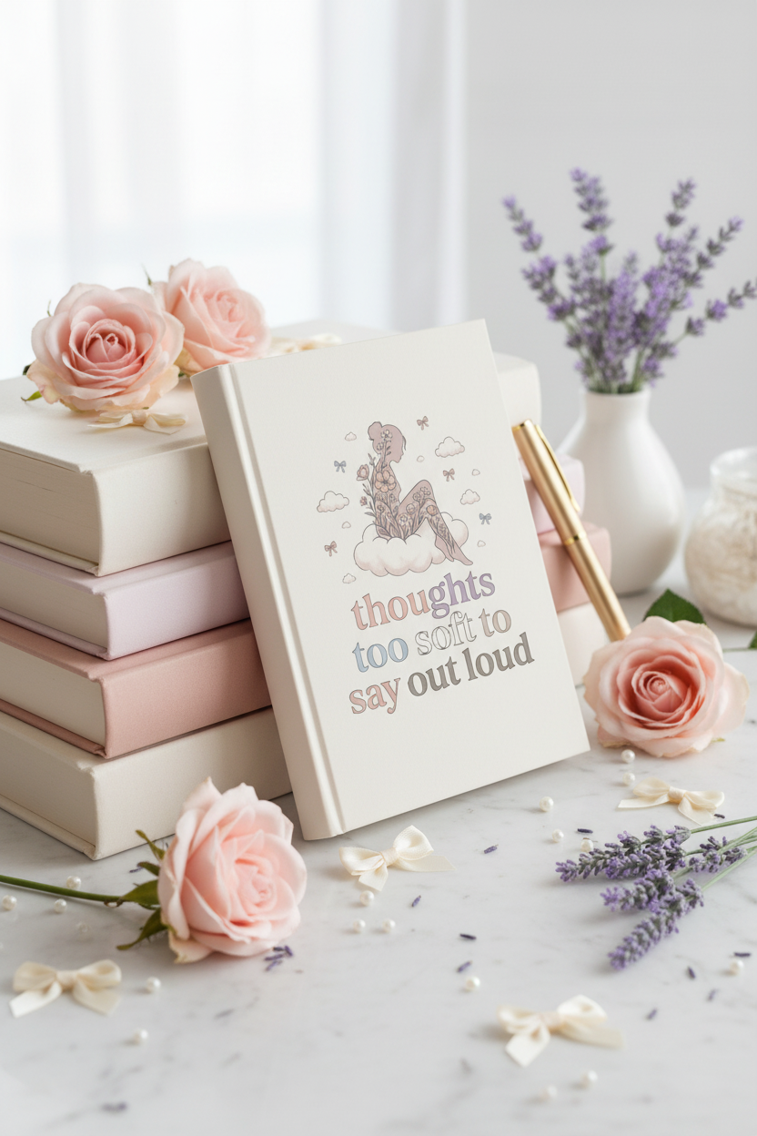 Thoughts Too Soft to Say Out Loud Journal | Coquette Dreamy Floral Cloud Girl Hardcover Notebook – Petal & Power