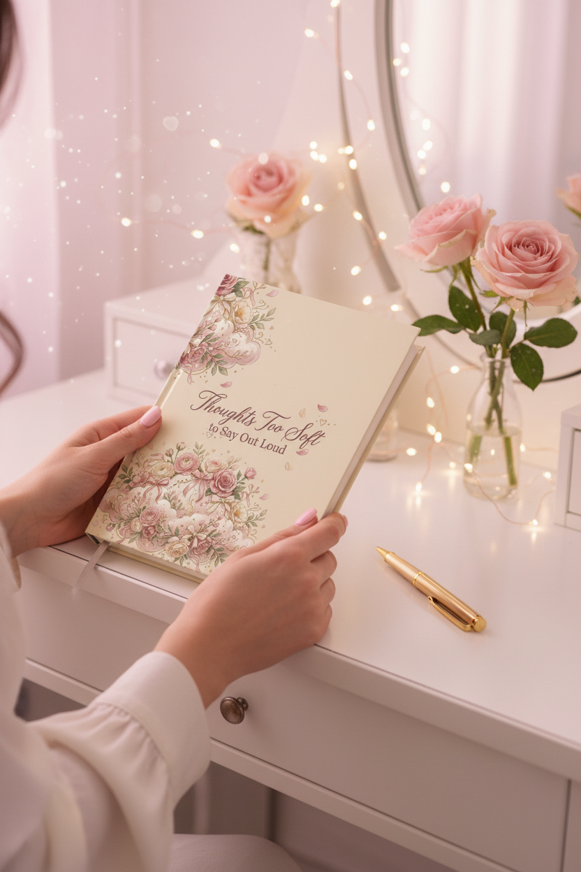 Thoughts Too Soft to Say Out Loud Floral Cloud Journal | Coquette Romantic Blush Rose Hardcover Notebook – Petal & Power