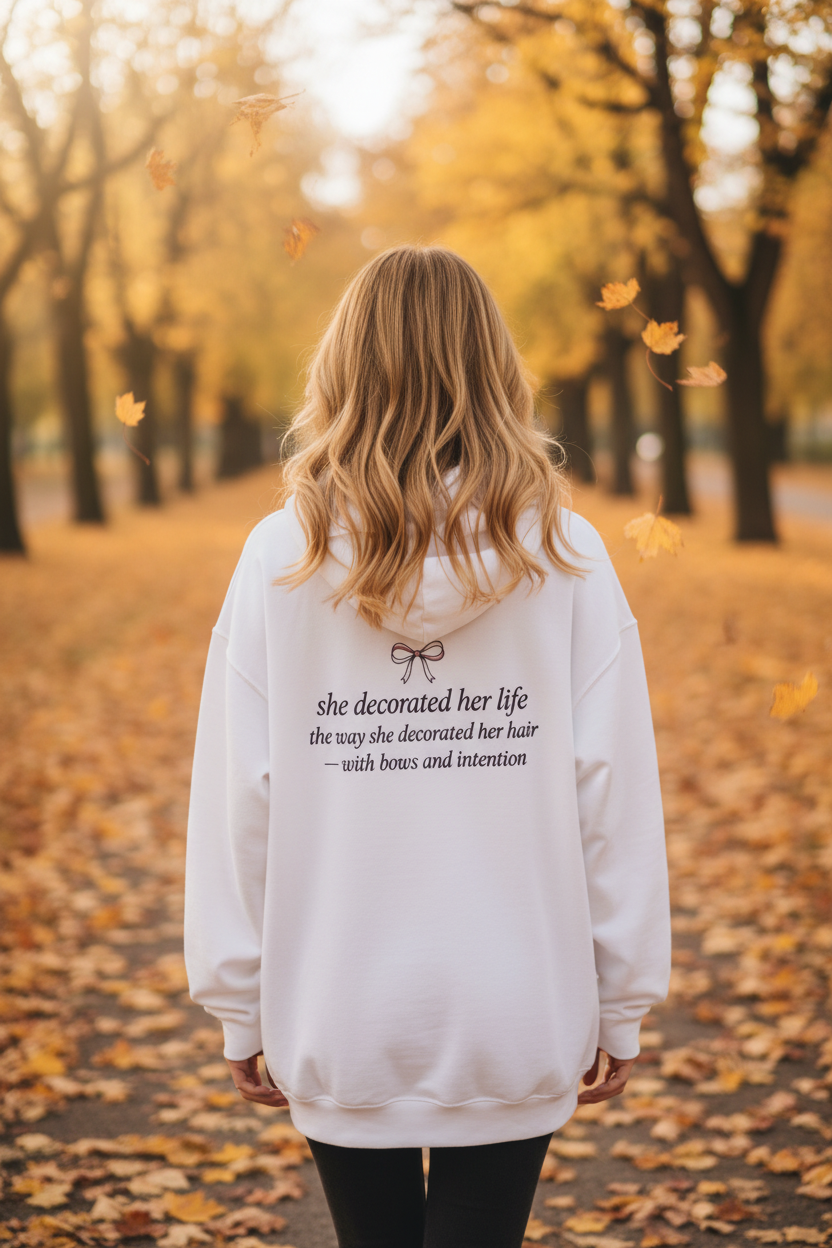 Always in My Bow Era Coquette Hoodie | She Decorated Her Life With Bows Graphic Sweatshirt – Petal & Power