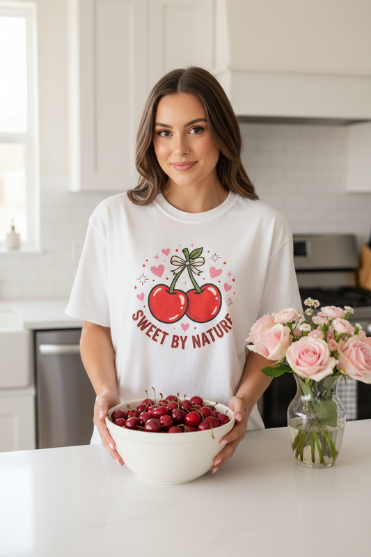 Sweet by Nature Cherry Bow Graphic Tee | Coquette Retro Feminine Comfort Colors T-Shirt – Petal & Power