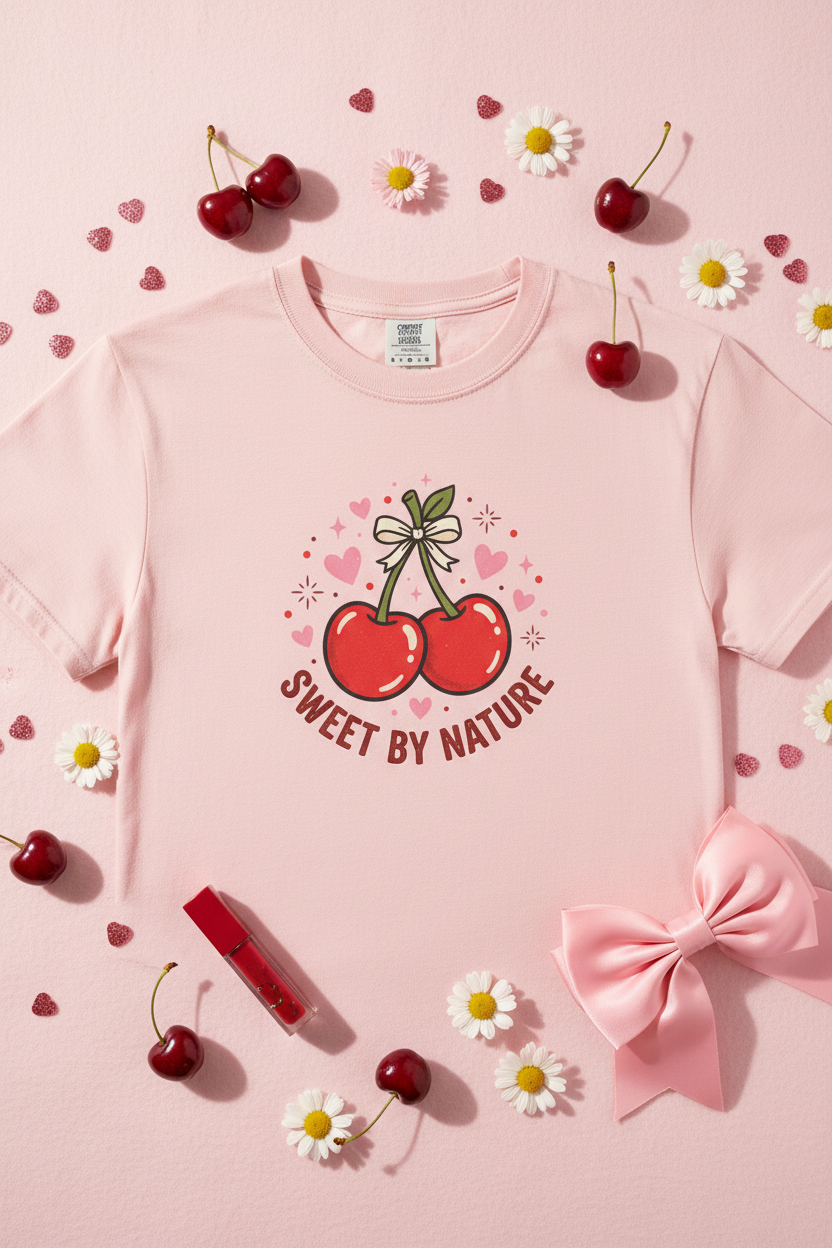 Sweet by Nature Cherry Bow Graphic Tee | Coquette Retro Feminine Comfort Colors T-Shirt – Petal & Power