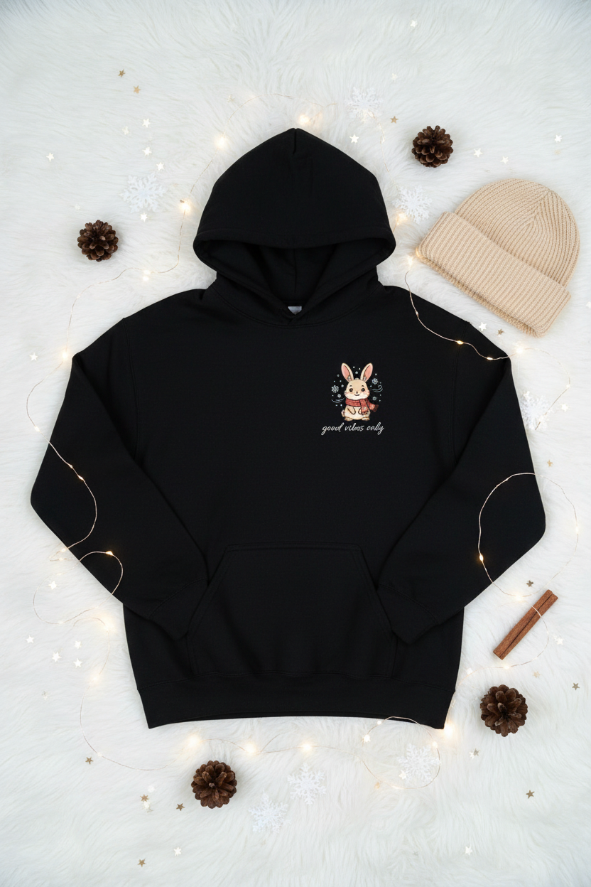 Good Vibes Only Winter Bunny Hoodie | Cute Cozy Kawaii Graphic Black Oversized Sweatshirt – Petal & Power