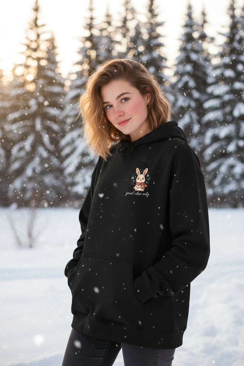 Good Vibes Only Winter Bunny Hoodie | Cute Cozy Kawaii Graphic Black Oversized Sweatshirt – Petal & Power