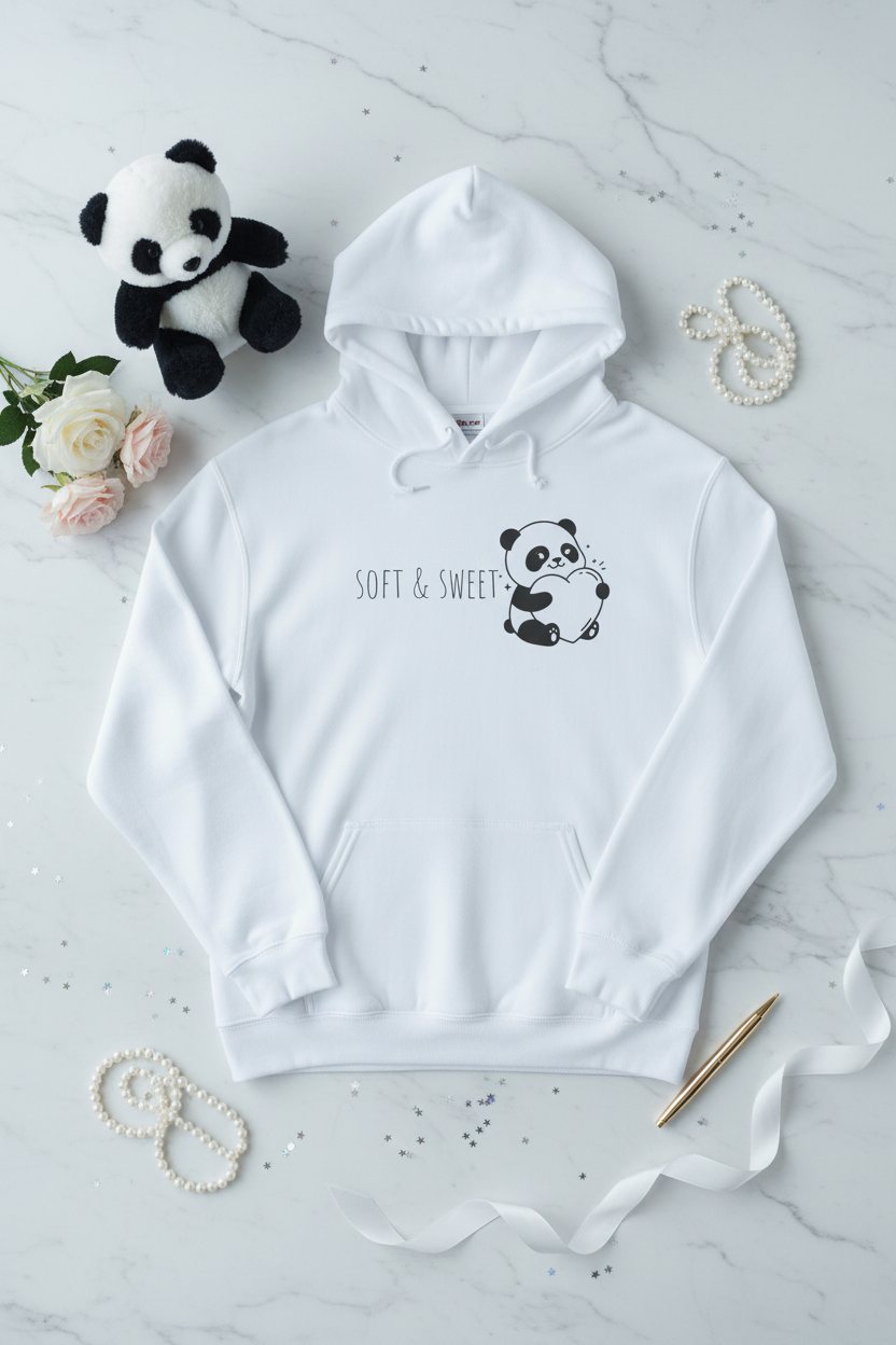 Soft & Sweet Panda Heart Hoodie | Cute Kawaii Feminine Graphic Sweatshirt Pink White – Petal & Power