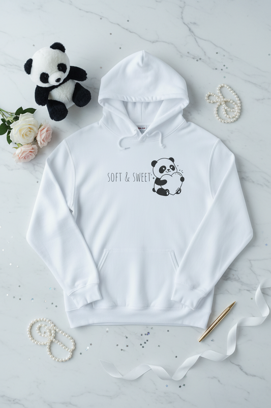 Soft & Sweet Panda Heart Hoodie | Cute Kawaii Feminine Graphic Sweatshirt Pink White – Petal & Power