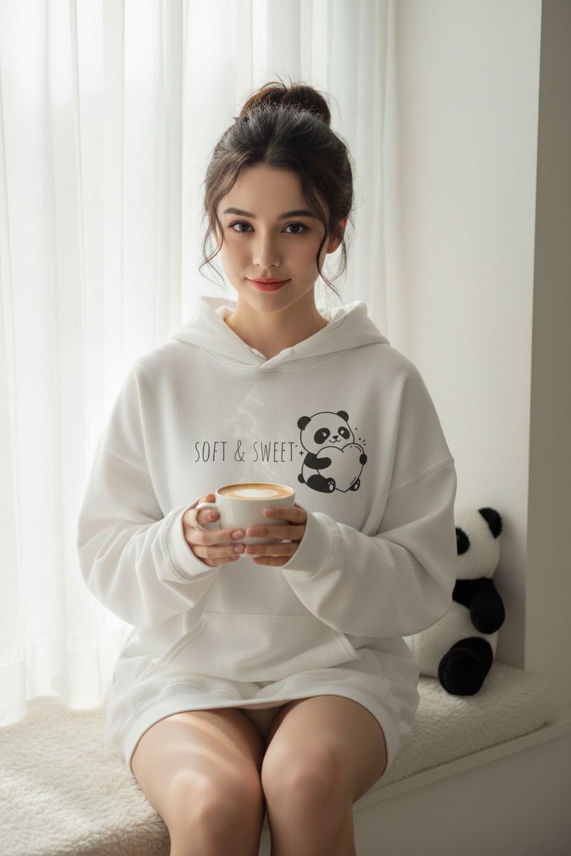 Soft & Sweet Panda Heart Hoodie | Cute Kawaii Feminine Graphic Sweatshirt Pink White – Petal & Power