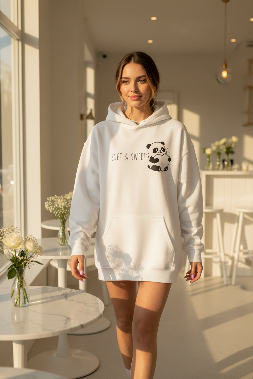 Soft & Sweet Panda Heart Hoodie | Cute Kawaii Feminine Graphic Sweatshirt Pink White – Petal & Power