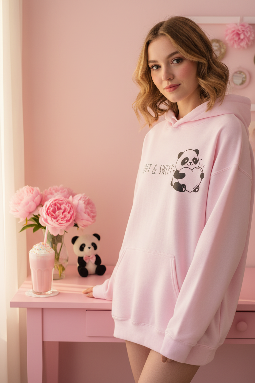 Soft & Sweet Panda Heart Hoodie | Cute Kawaii Feminine Graphic Sweatshirt Pink White – Petal & Power