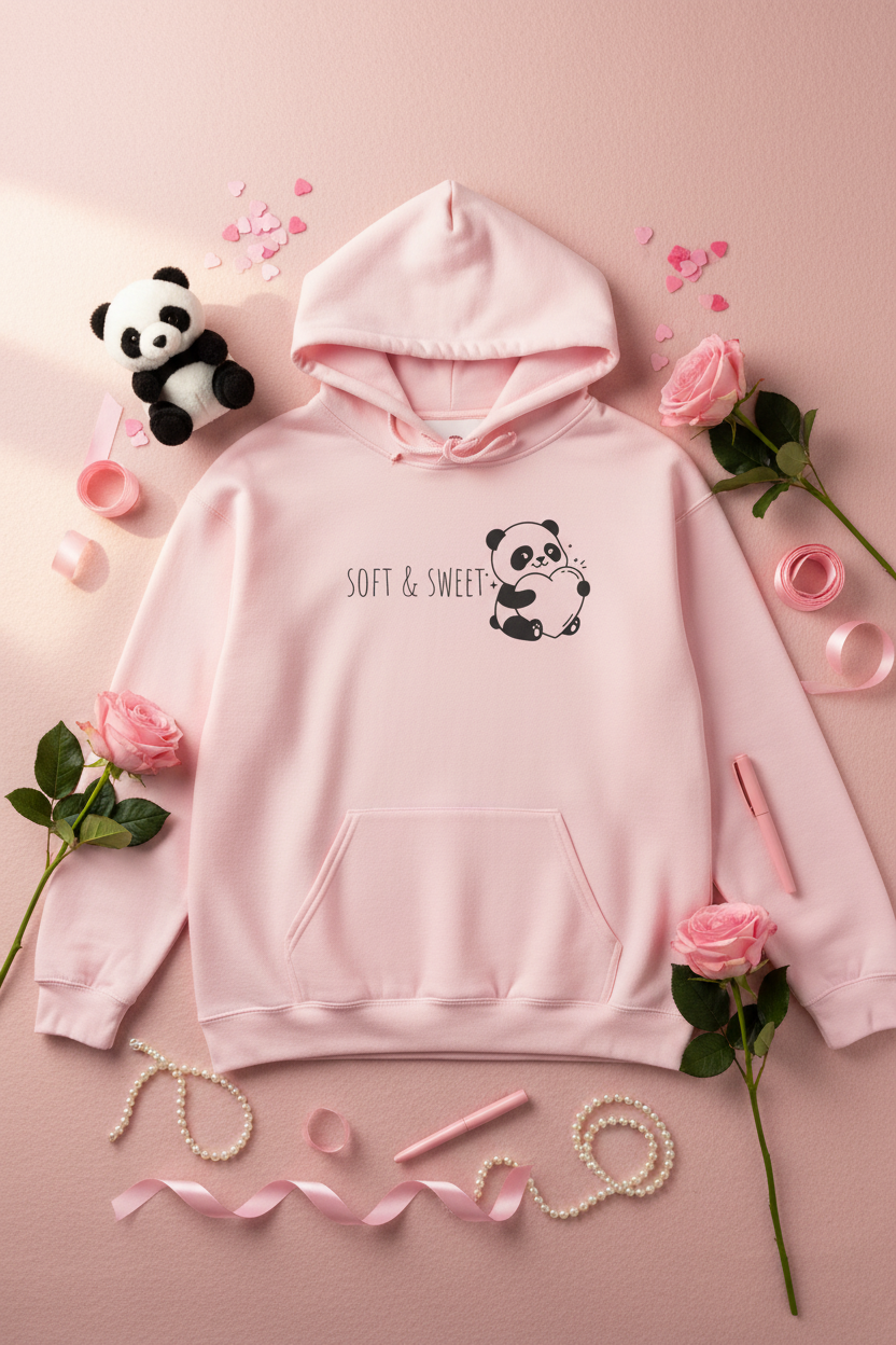 Soft & Sweet Panda Heart Hoodie | Cute Kawaii Feminine Graphic Sweatshirt Pink White – Petal & Power