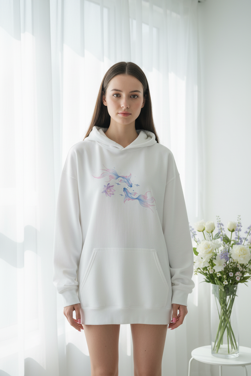 Watercolor Koi Fish Lotus Hoodie | Ethereal Aesthetic Graphic Sweatshirt Pink Blue Black White – Petal & Power