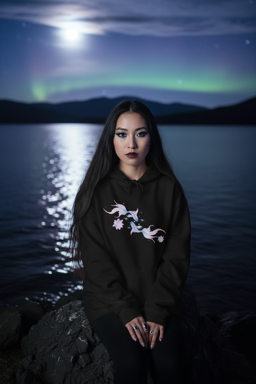 Watercolor Koi Fish Lotus Hoodie | Ethereal Aesthetic Graphic Sweatshirt Pink Blue Black White – Petal & Power