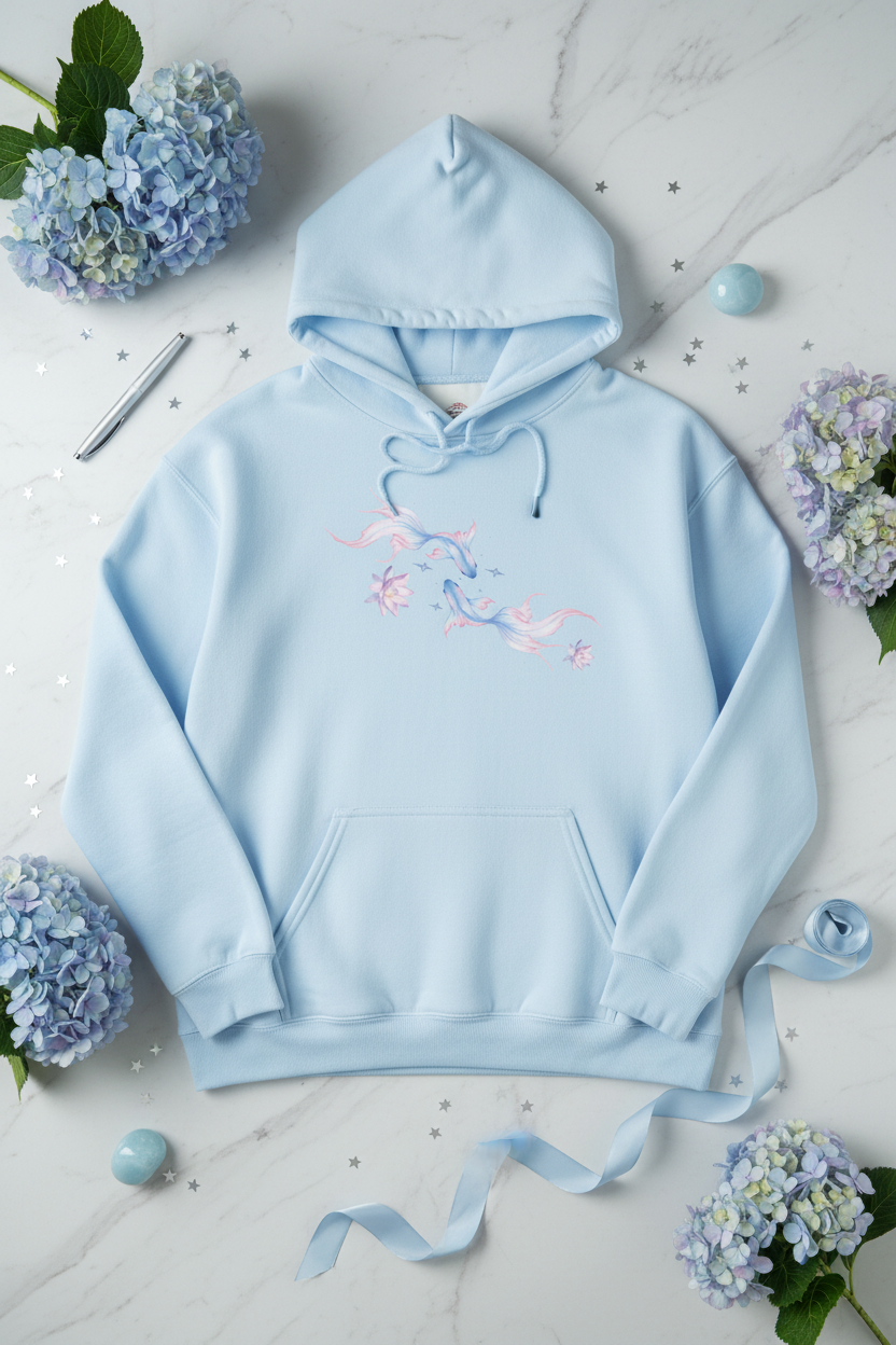 Watercolor Koi Fish Lotus Hoodie | Ethereal Aesthetic Graphic Sweatshirt Pink Blue Black White – Petal & Power