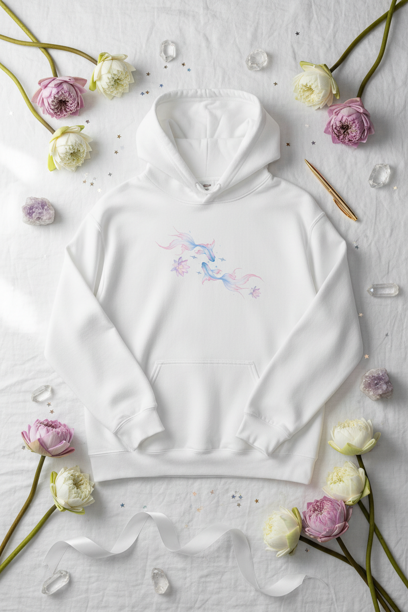 Watercolor Koi Fish Lotus Hoodie | Ethereal Aesthetic Graphic Sweatshirt Pink Blue Black White – Petal & Power