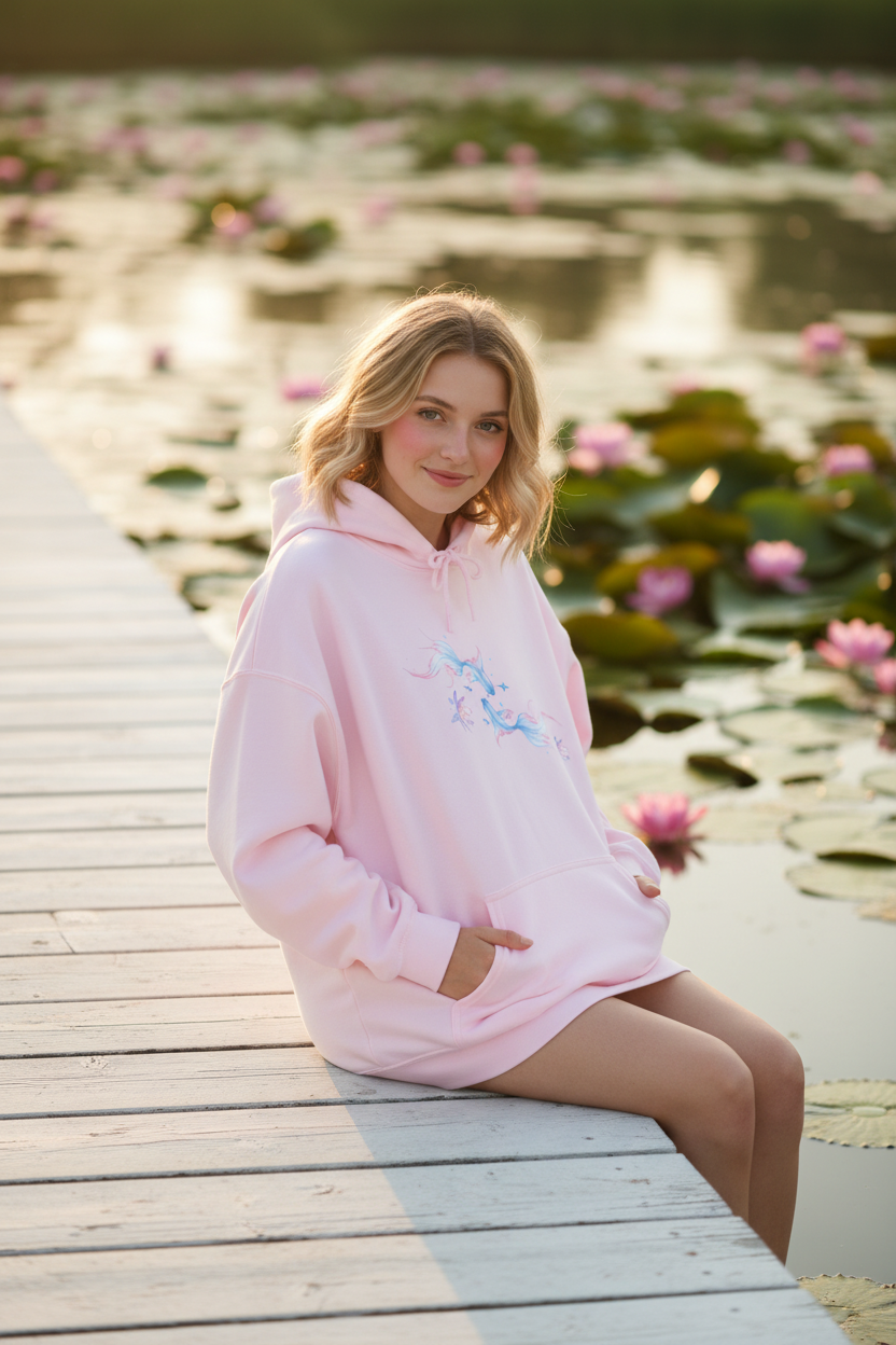 Watercolor Koi Fish Lotus Hoodie | Ethereal Aesthetic Graphic Sweatshirt Pink Blue Black White – Petal & Power