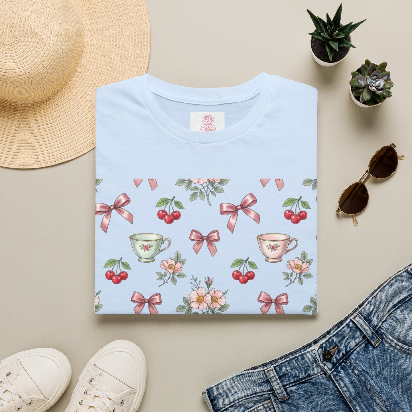 Cherry Blossom Tea Party Graphic Tee | Coquette Bow & Cherry Print T-Shirt